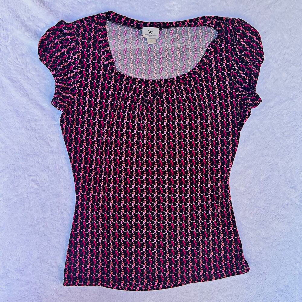 Worthington Pink Black Geometric Stretch Knit Scoop Neck Cap Sleeve Blouse S